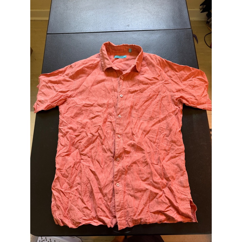 Tori Richard Mens Large Coral Orange 100% Linen Short Sleeve Button Down Shirt